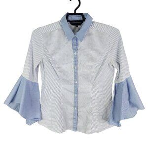 Womens White House Black Market Blue White Striped Shirt Bell Sleeve Size 10
